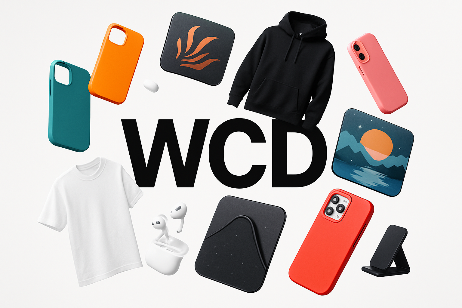 White Background big Text a bit up from the middle saying WCD with some clothes phone cases mousepads and accessories flying around